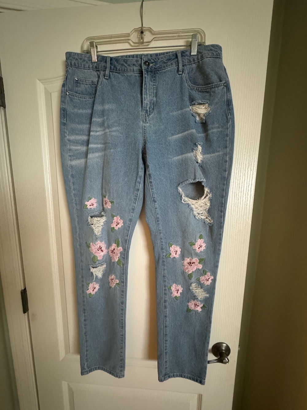 Venus Distressed Jeans with Pink Floral Embroidery